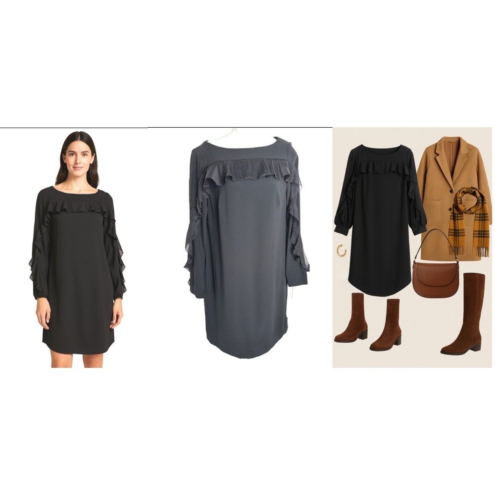 NWT Carlisle NY "MUSE" Long Sleeve Dress Black Ruffle Shift sz 4